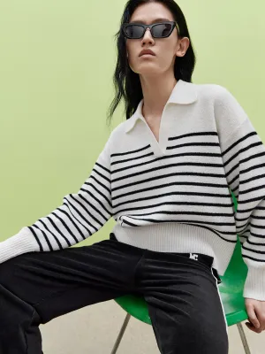 Striped POLO Neck Knit Top