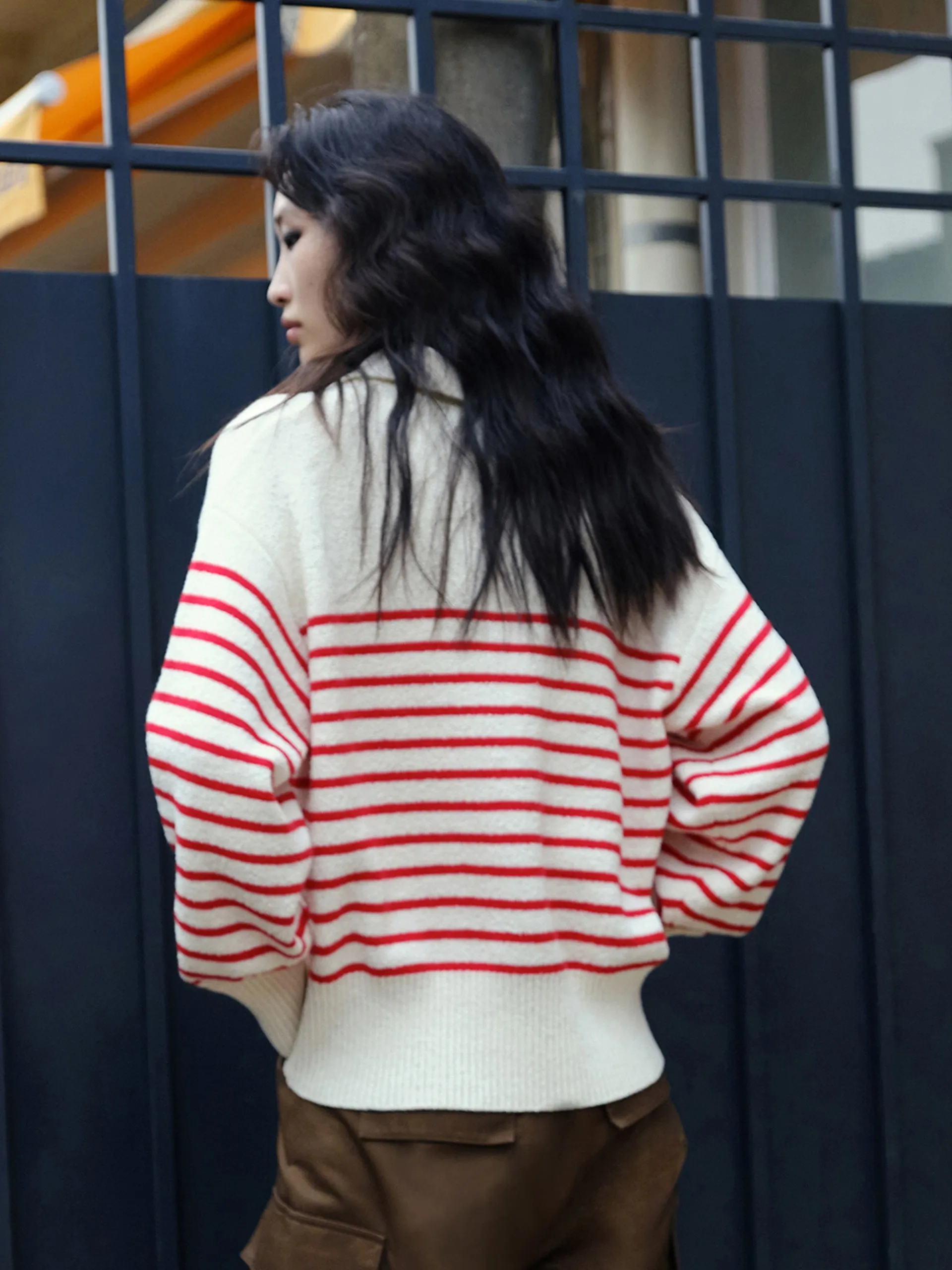 Striped POLO Neck Knit Top