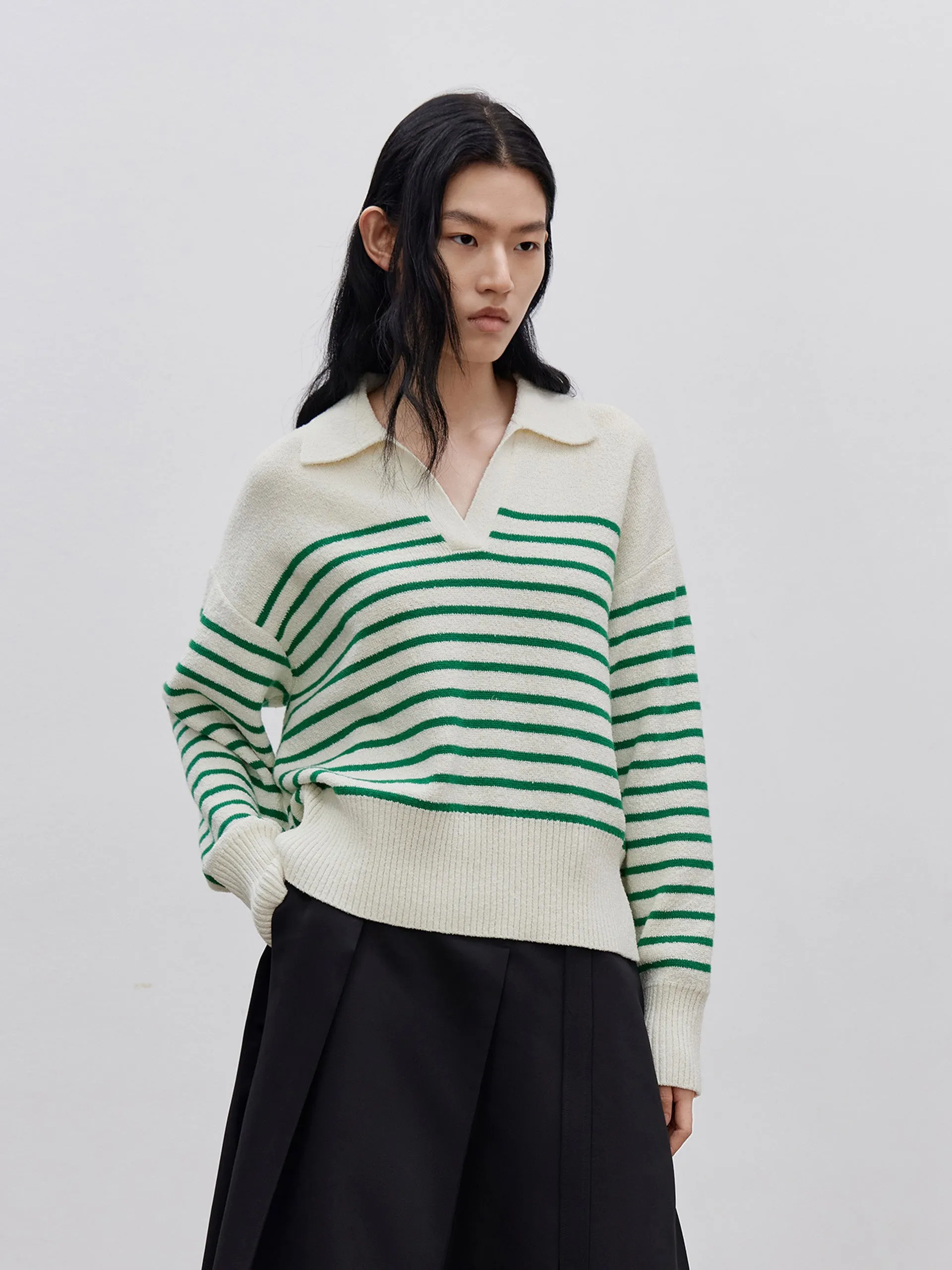 Striped POLO Neck Knit Top