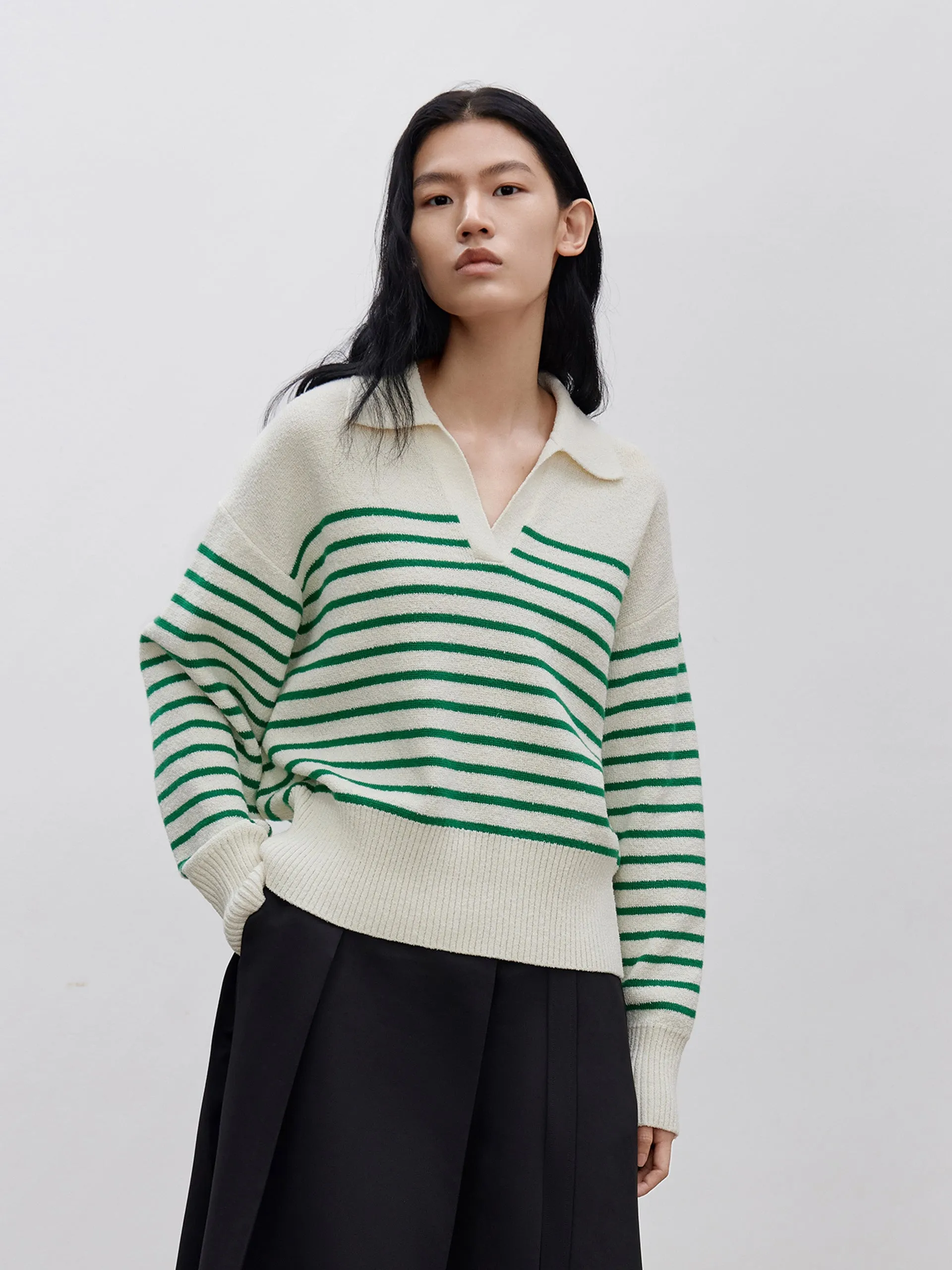 Striped POLO Neck Knit Top