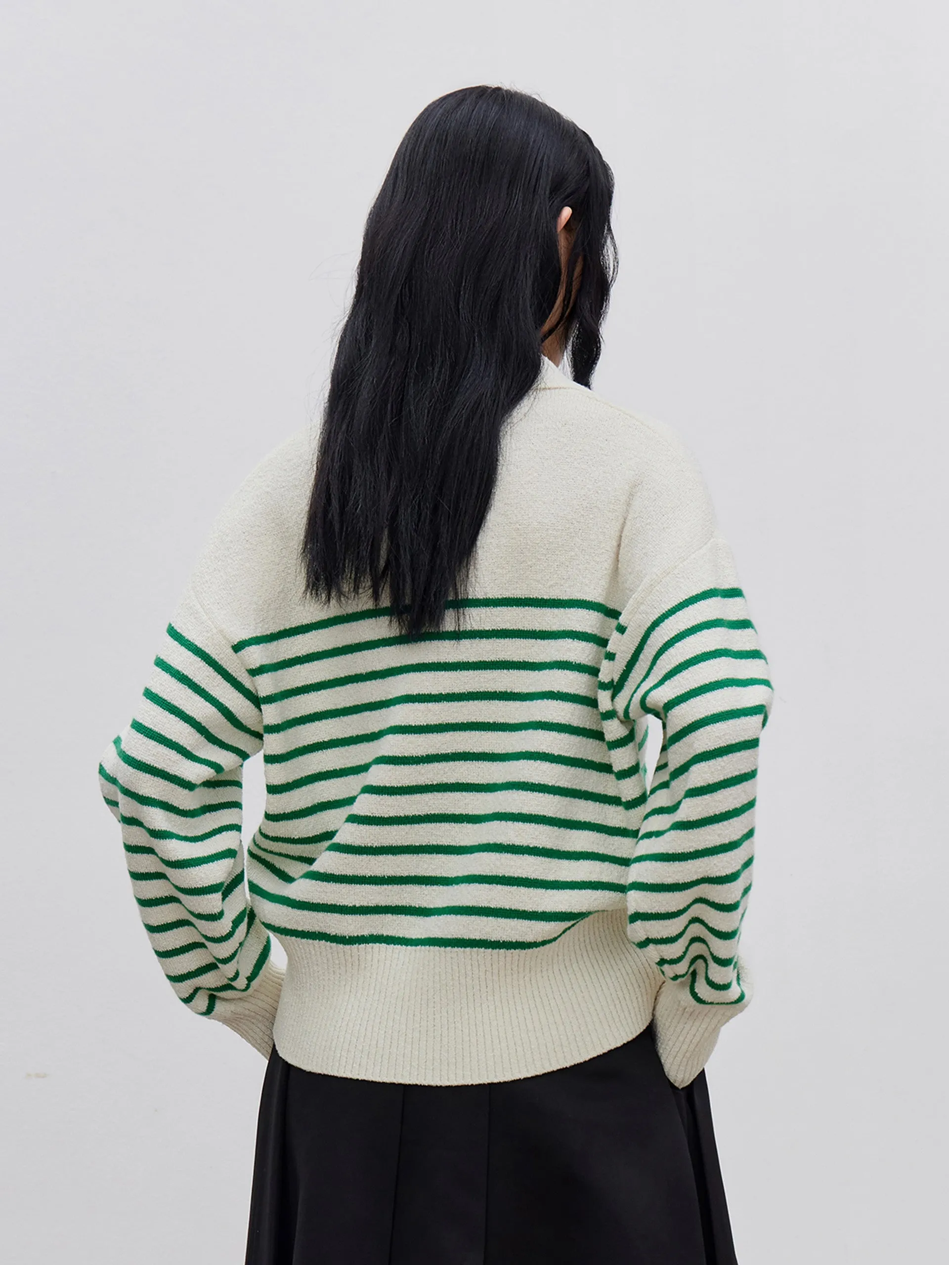 Striped POLO Neck Knit Top