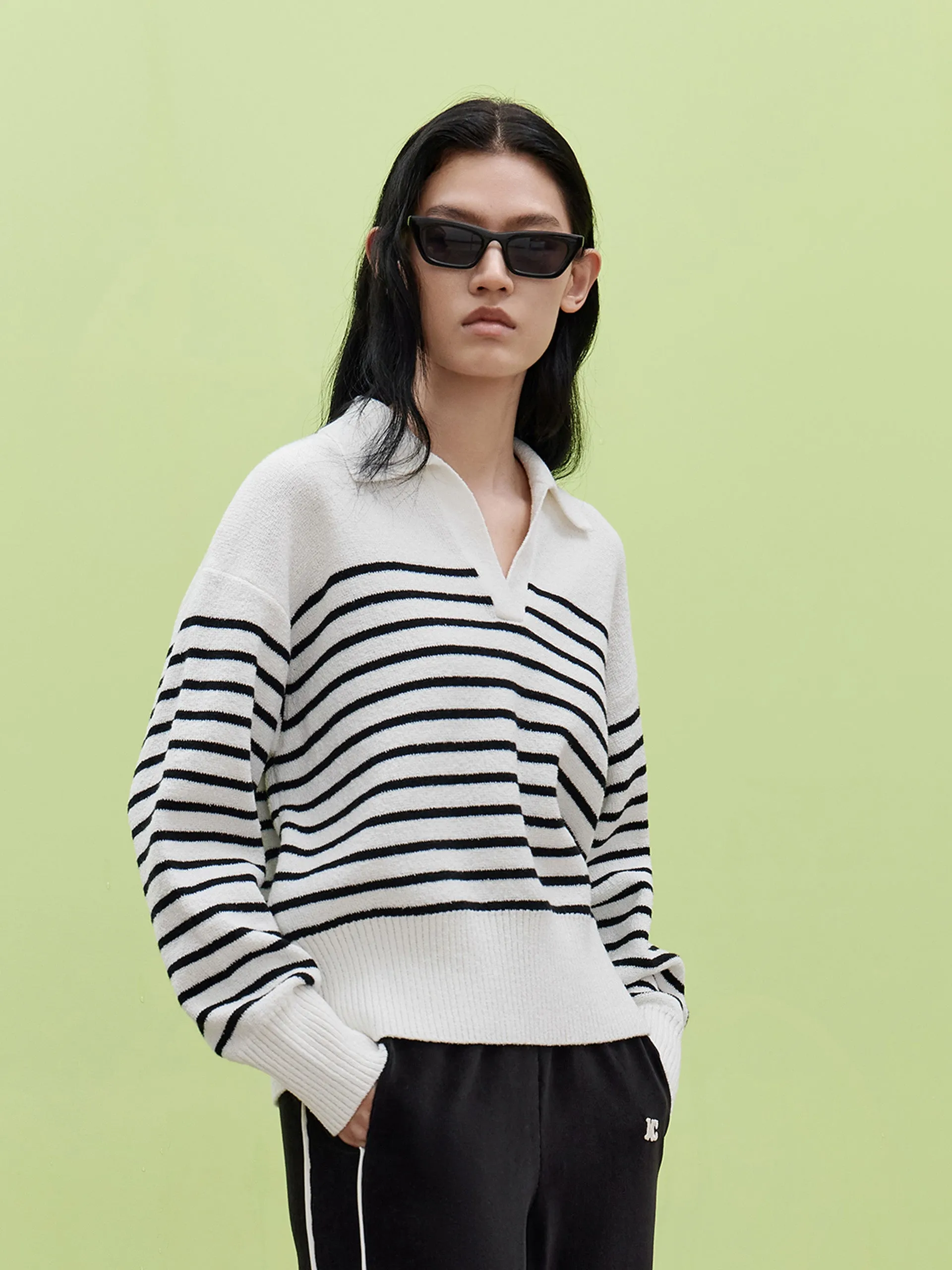 Striped POLO Neck Knit Top