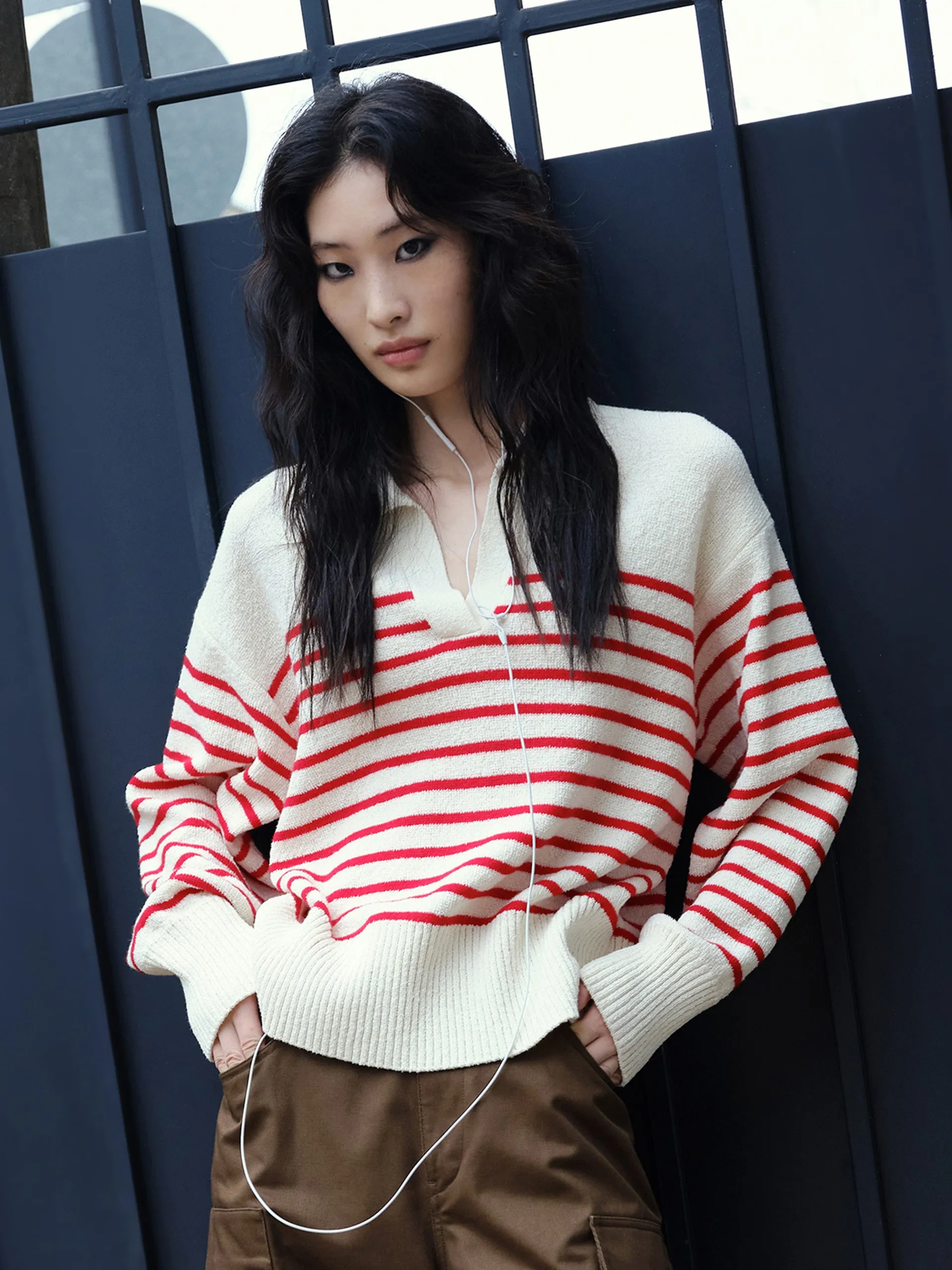 Striped POLO Neck Knit Top