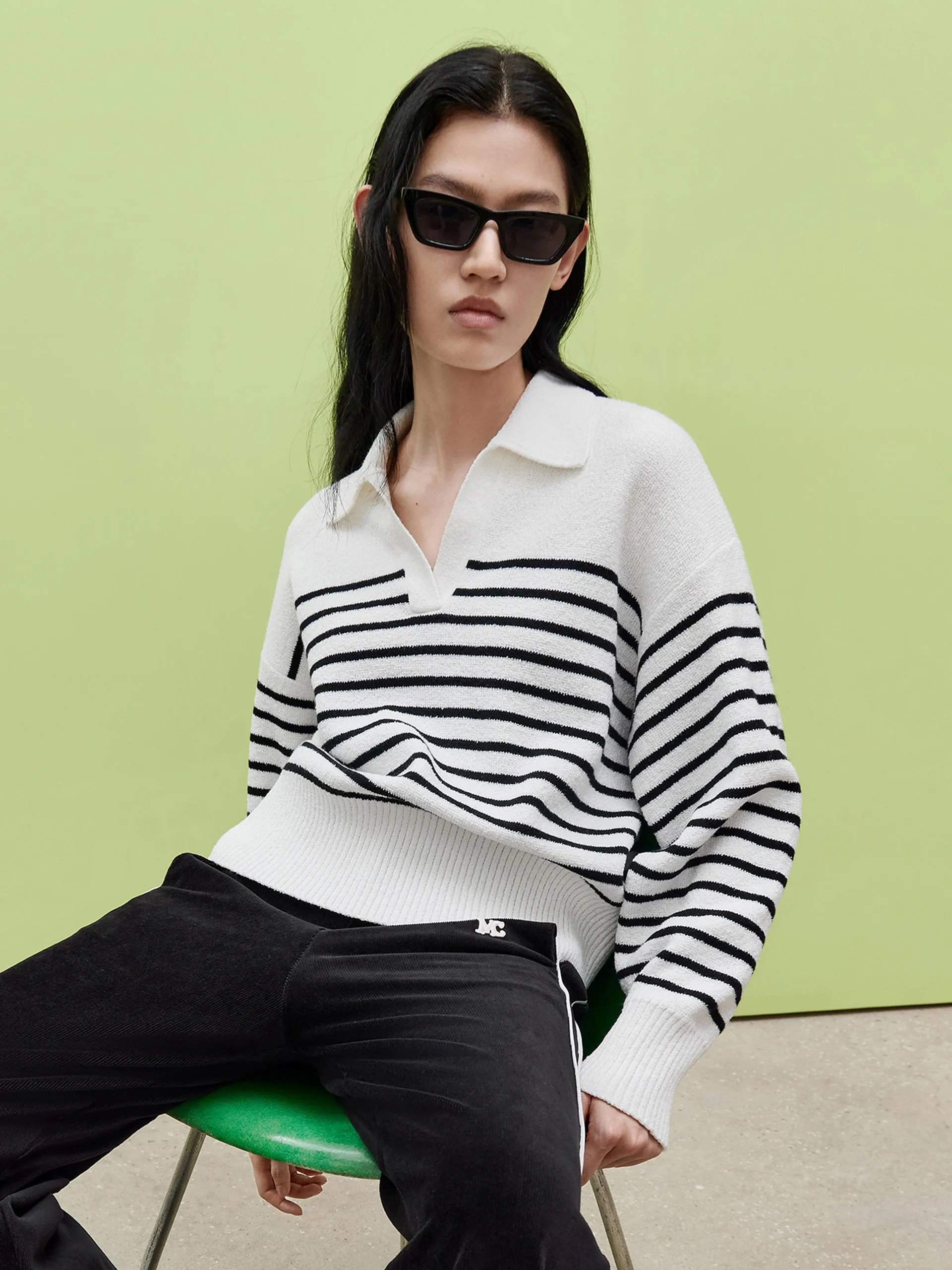 Striped POLO Neck Knit Top