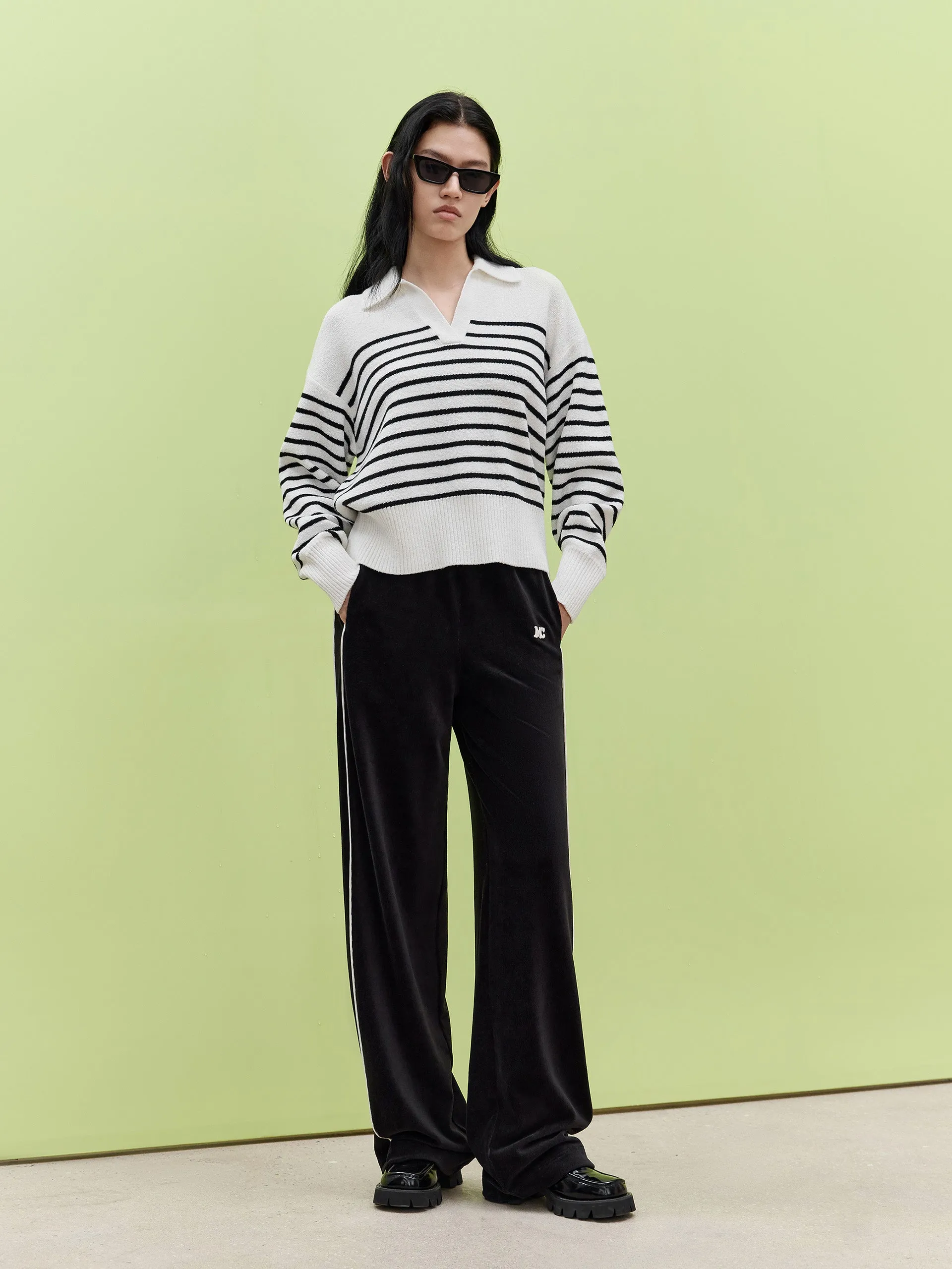 Striped POLO Neck Knit Top