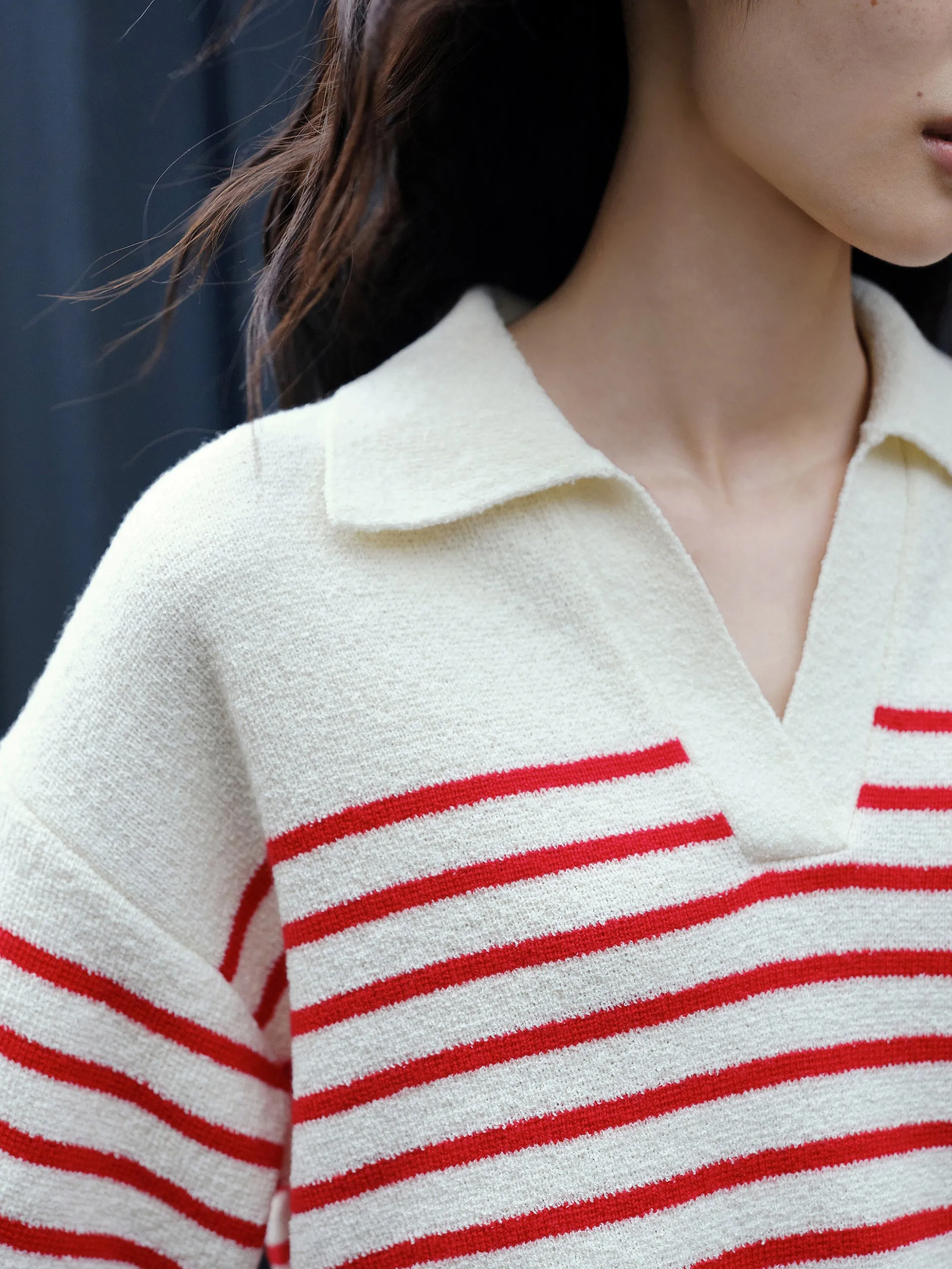 Striped POLO Neck Knit Top