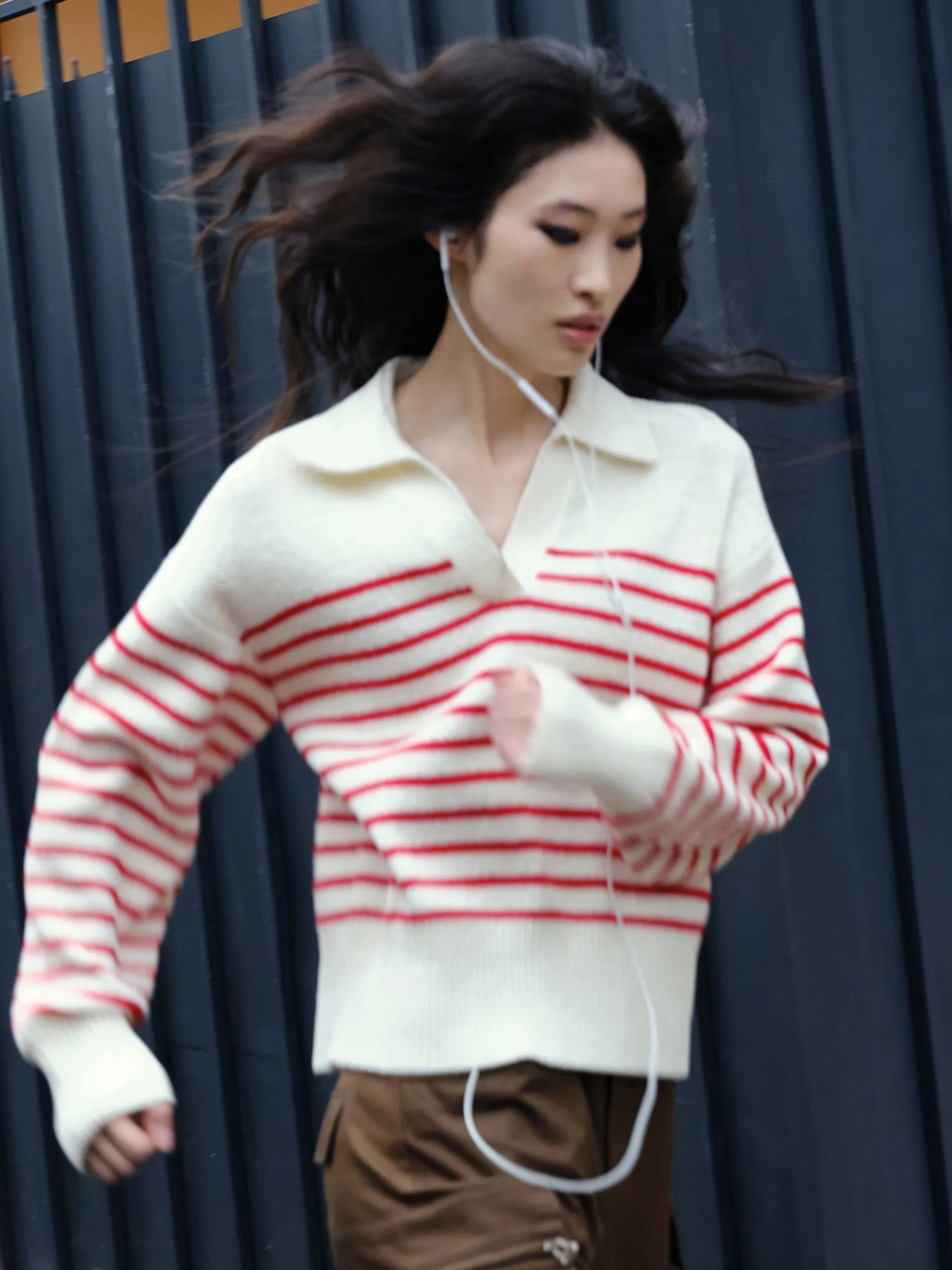 Striped POLO Neck Knit Top