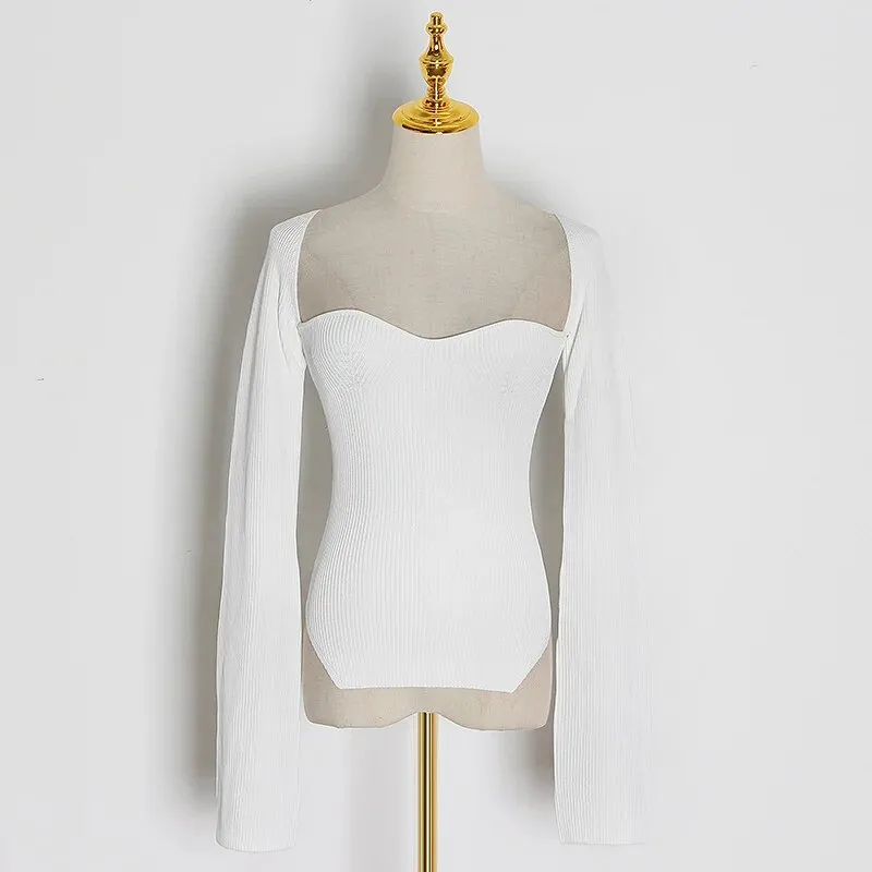 White Side Split Knitted Women's Sweater Square Collar Long Sleeve Sweaters Female Autumn Fashion Clothes