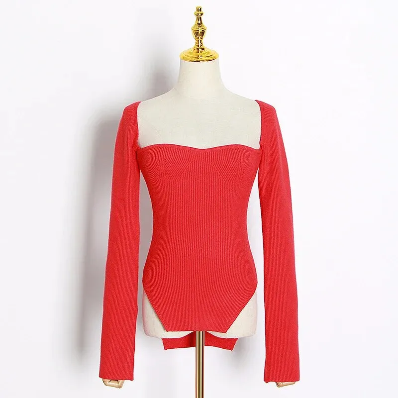 White Side Split Knitted Women's Sweater Square Collar Long Sleeve Sweaters Female Autumn Fashion Clothes