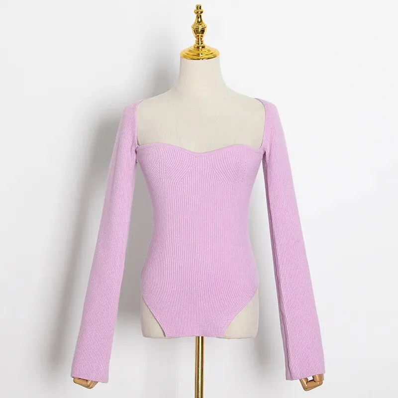White Side Split Knitted Women's Sweater Square Collar Long Sleeve Sweaters Female Autumn Fashion Clothes