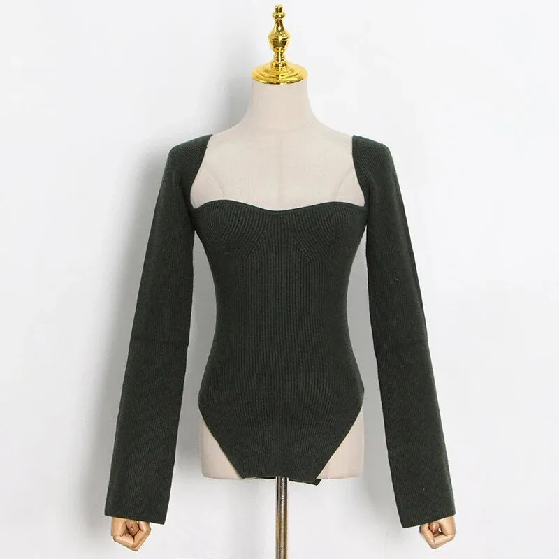 White Side Split Knitted Women's Sweater Square Collar Long Sleeve Sweaters Female Autumn Fashion Clothes
