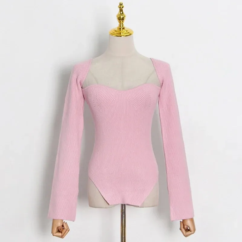 White Side Split Knitted Women's Sweater Square Collar Long Sleeve Sweaters Female Autumn Fashion Clothes