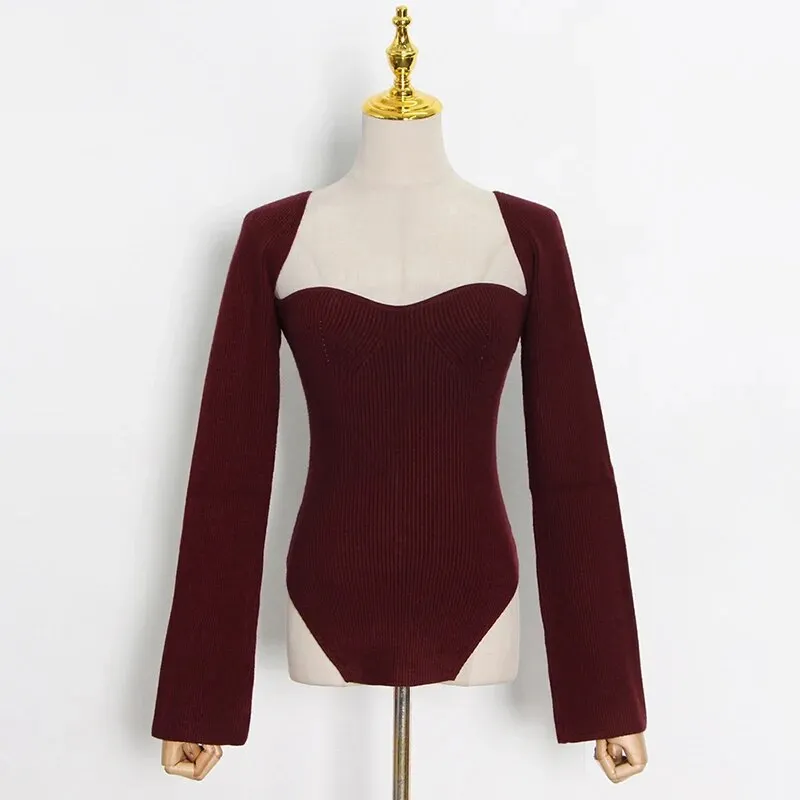 White Side Split Knitted Women's Sweater Square Collar Long Sleeve Sweaters Female Autumn Fashion Clothes