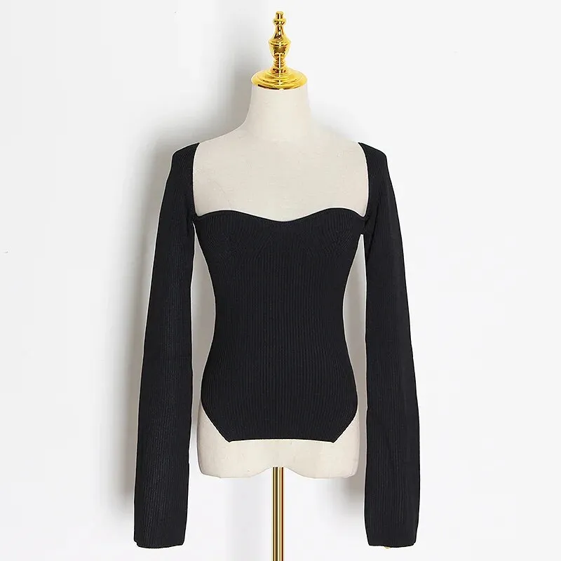 White Side Split Knitted Women's Sweater Square Collar Long Sleeve Sweaters Female Autumn Fashion Clothes