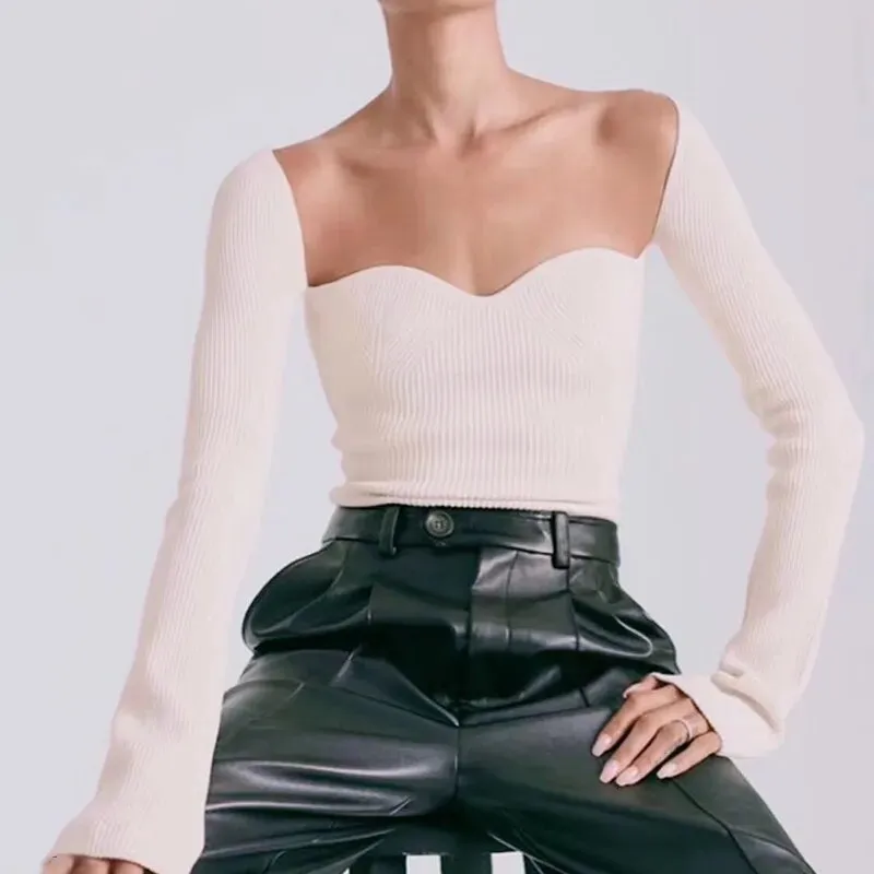 White Side Split Knitted Women's Sweater Square Collar Long Sleeve Sweaters Female Autumn Fashion Clothes