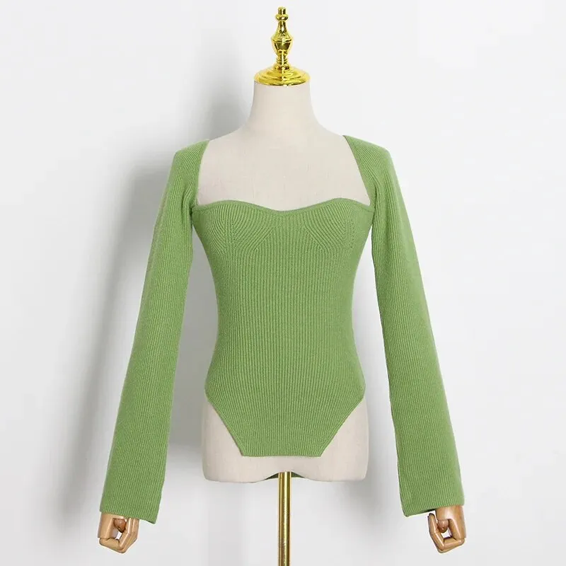 White Side Split Knitted Women's Sweater Square Collar Long Sleeve Sweaters Female Autumn Fashion Clothes