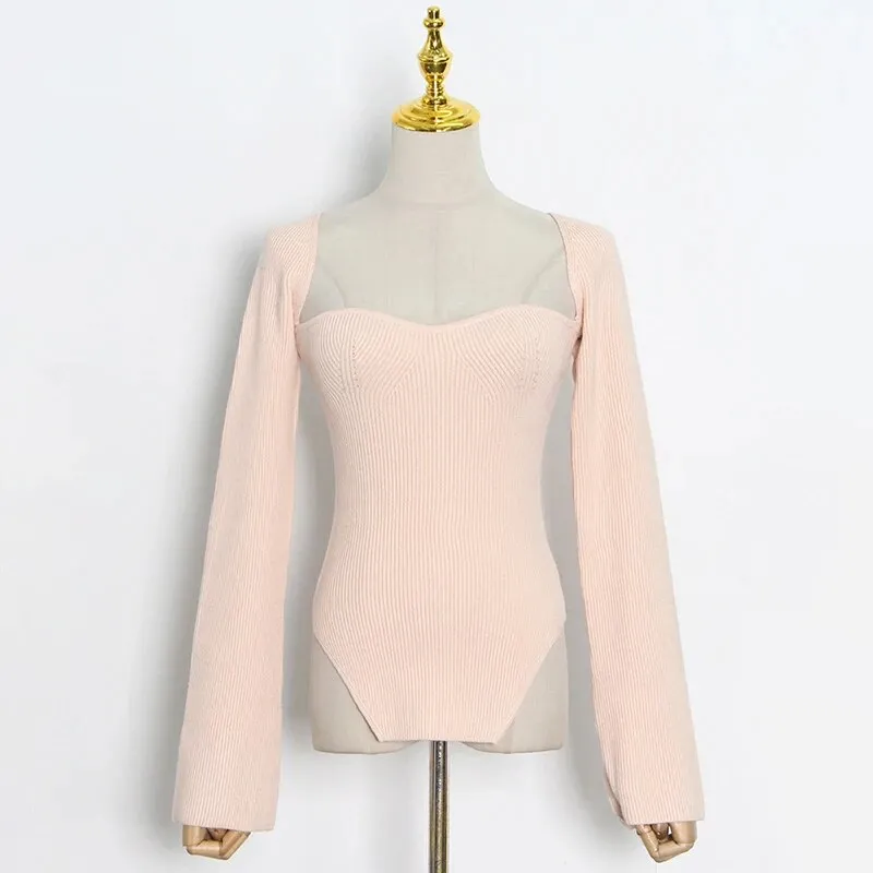 White Side Split Knitted Women's Sweater Square Collar Long Sleeve Sweaters Female Autumn Fashion Clothes